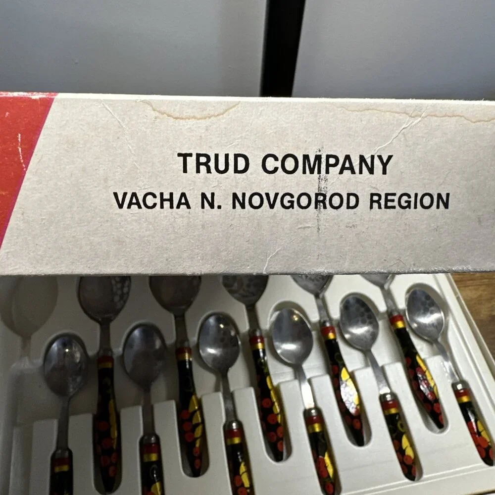 Vintage Russian 6 Person Table‎ Set  Handpainted Wood Spoons 6 Small 5 Large Box